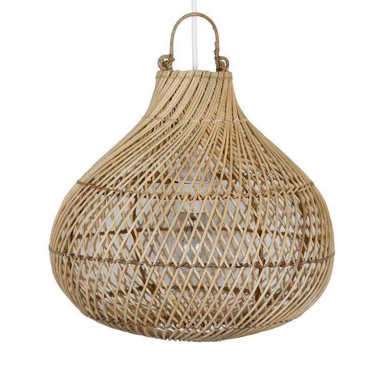 Hand-woven lampshade made of natural rattan with a fine structure and teardrop-shaped design