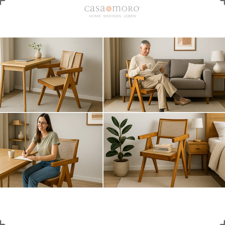 Armchair with Viennese weave in teak brown, handmade from wood and rattan - versatile for use in the living room, study and bedroom