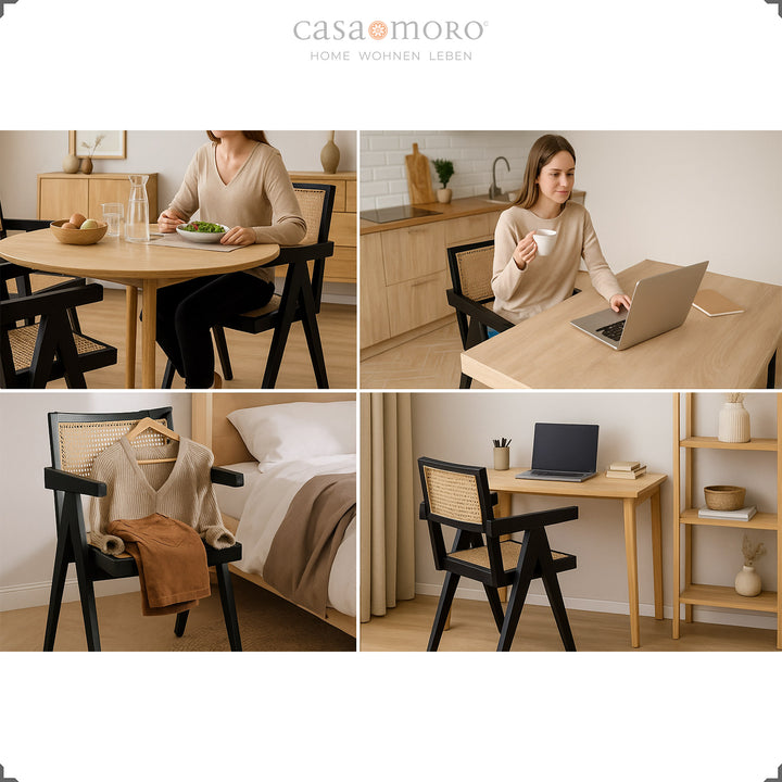 Black armchair with Viennese weave made of teak and rattan, versatile in the dining room, bedroom or home office