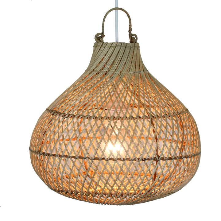 Natural rattan lamp in the shape of a teardrop with a fine woven pattern and a soft glow