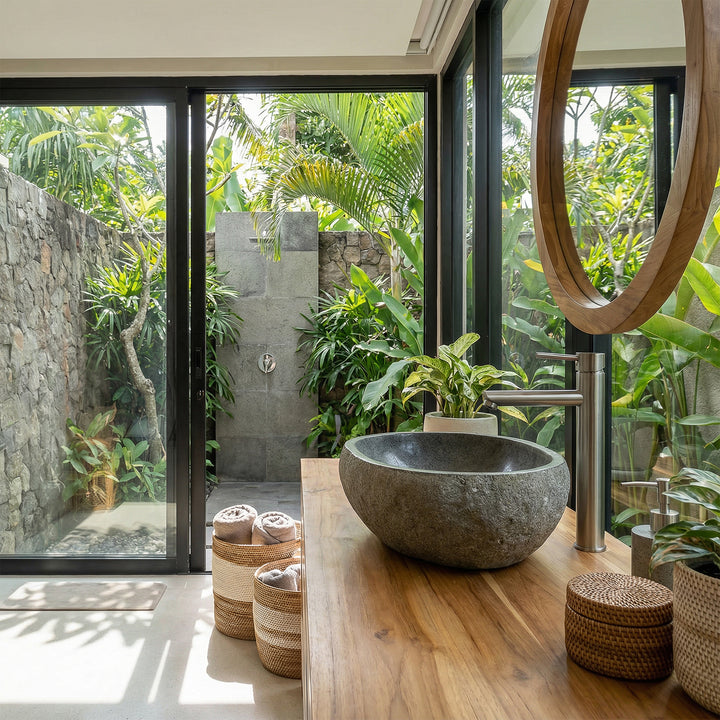 River Stone countertop basin in light-flooded bathroom with wooden vanity, glass front and tropical garden view