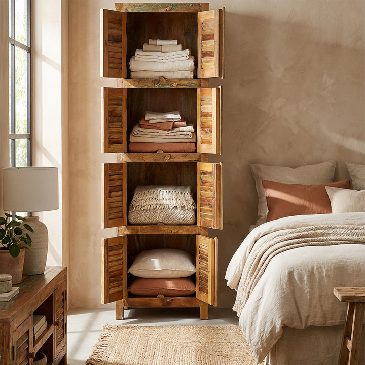 Narrow cabinet made of solid wood and reclaimed wood in a country house style, placed in the bedroom