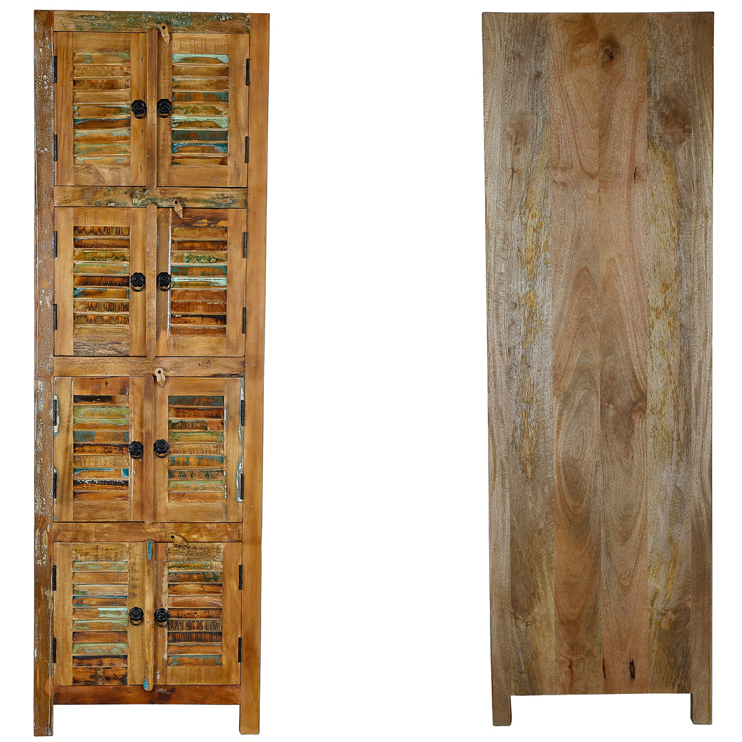 Vintage style solid wood and reclaimed wood cabinet, front and back views shown