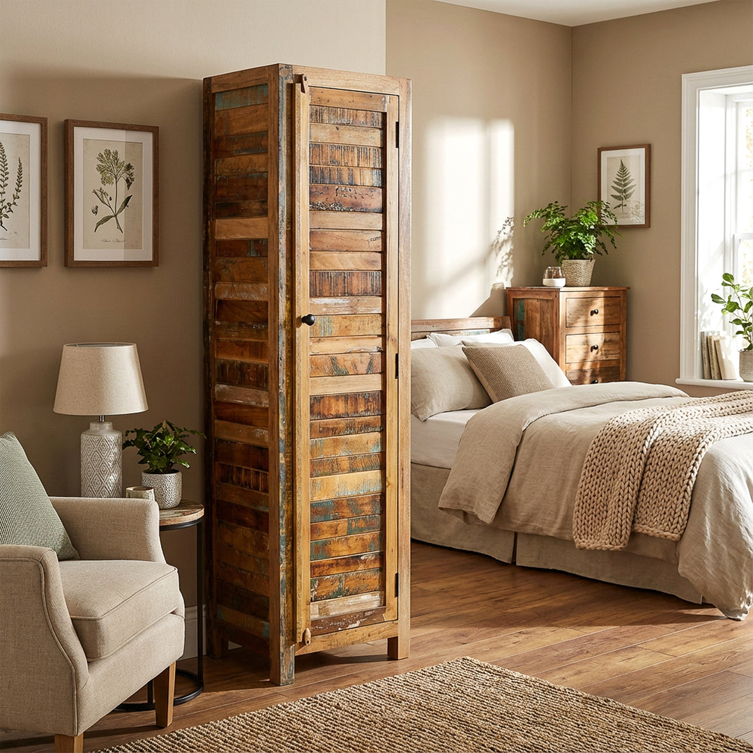 Narrow cabinet made of solid wood and reclaimed wood in a country house style, placed in the bedroom