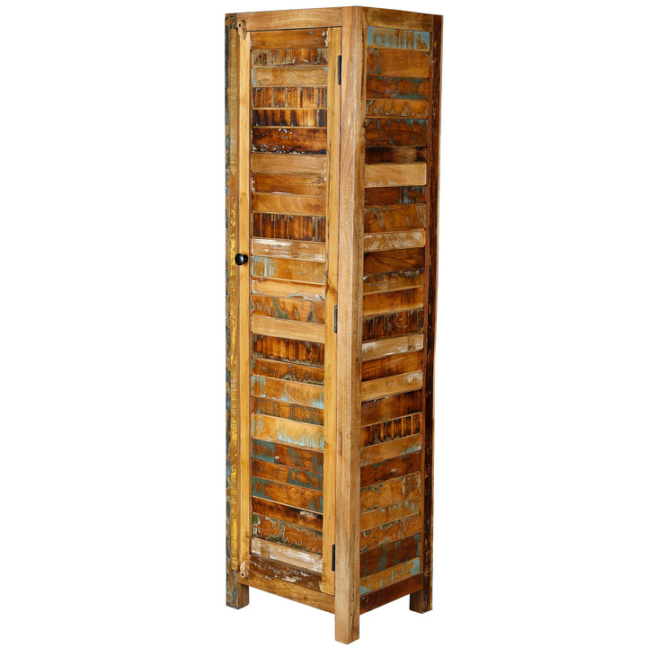 Narrow tall cabinet made of solid wood and reclaimed wood in vintage style, shown freestanding