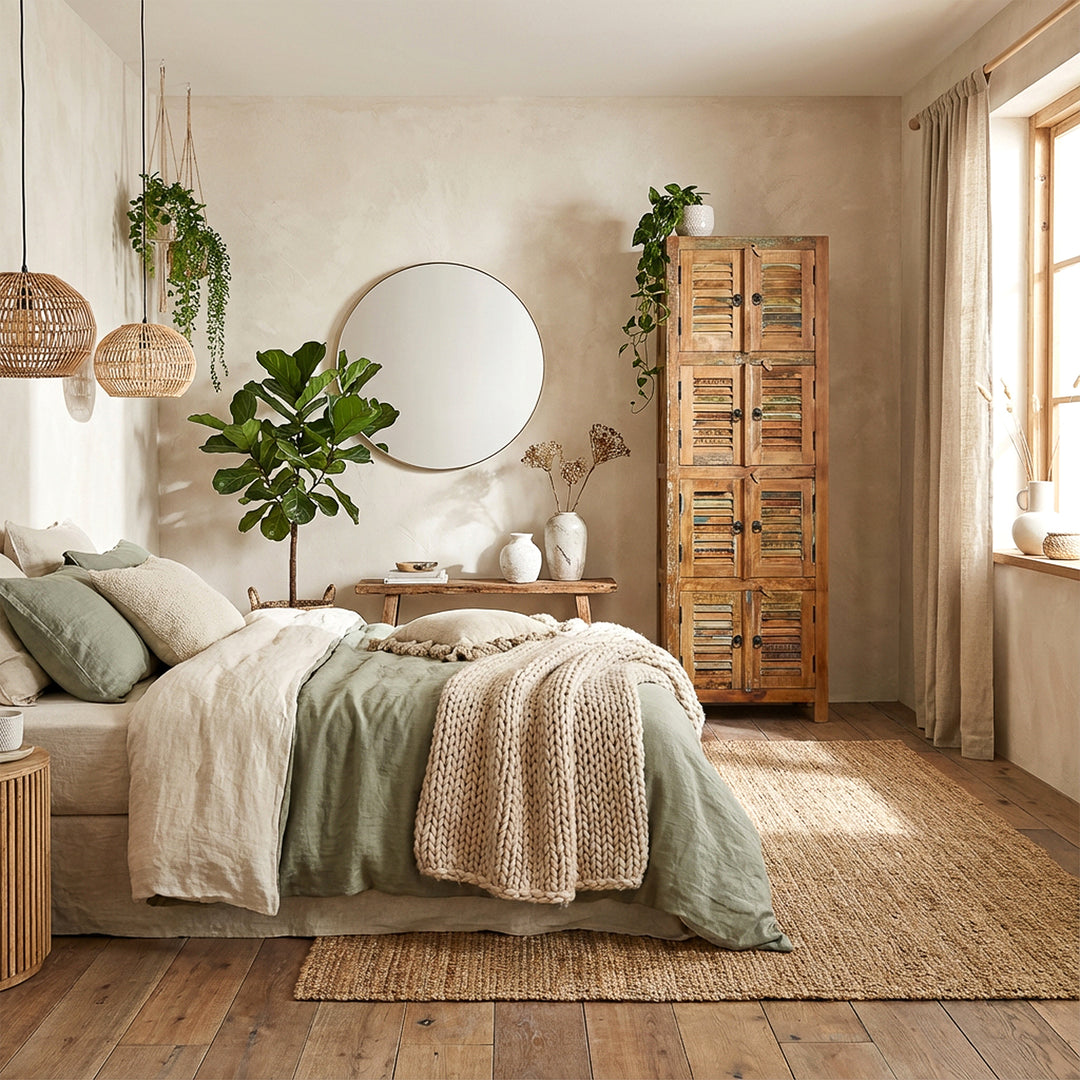 Cabinet made of solid wood and reclaimed wood in vintage style, placed in the bedroom