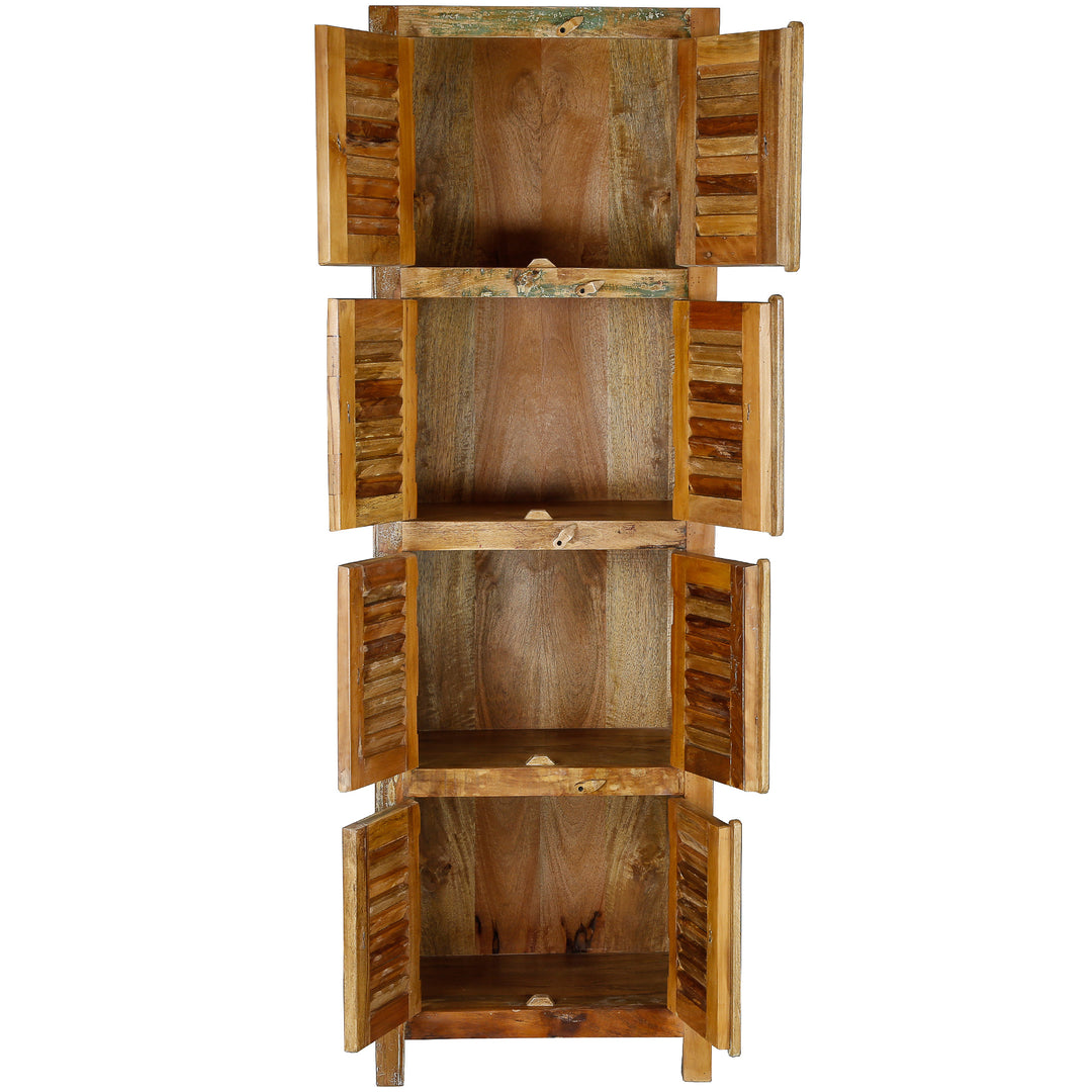 Narrow cabinet made of solid wood and reclaimed wood with four compartments in a vintage style, shown freestanding