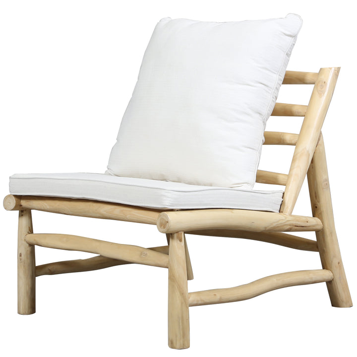 Handcrafted lounge chair made of natural teak with cream-colored cushions, ideal for outdoor and indoor enjoyment