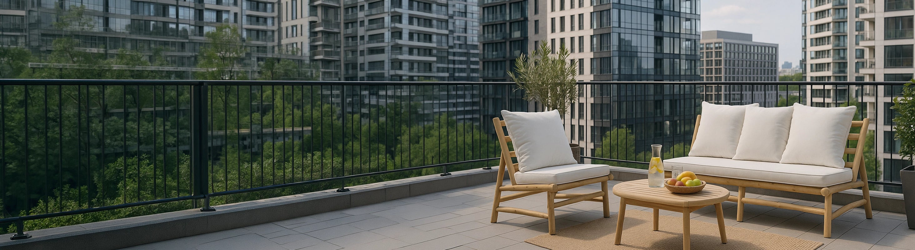 Armchairs & Sofas – Sessel und Sofa aus Teakholz mit Polstern auf modernem Balkon mit Stadtblick – komfortable Lounge-Möbel für Außenbereich