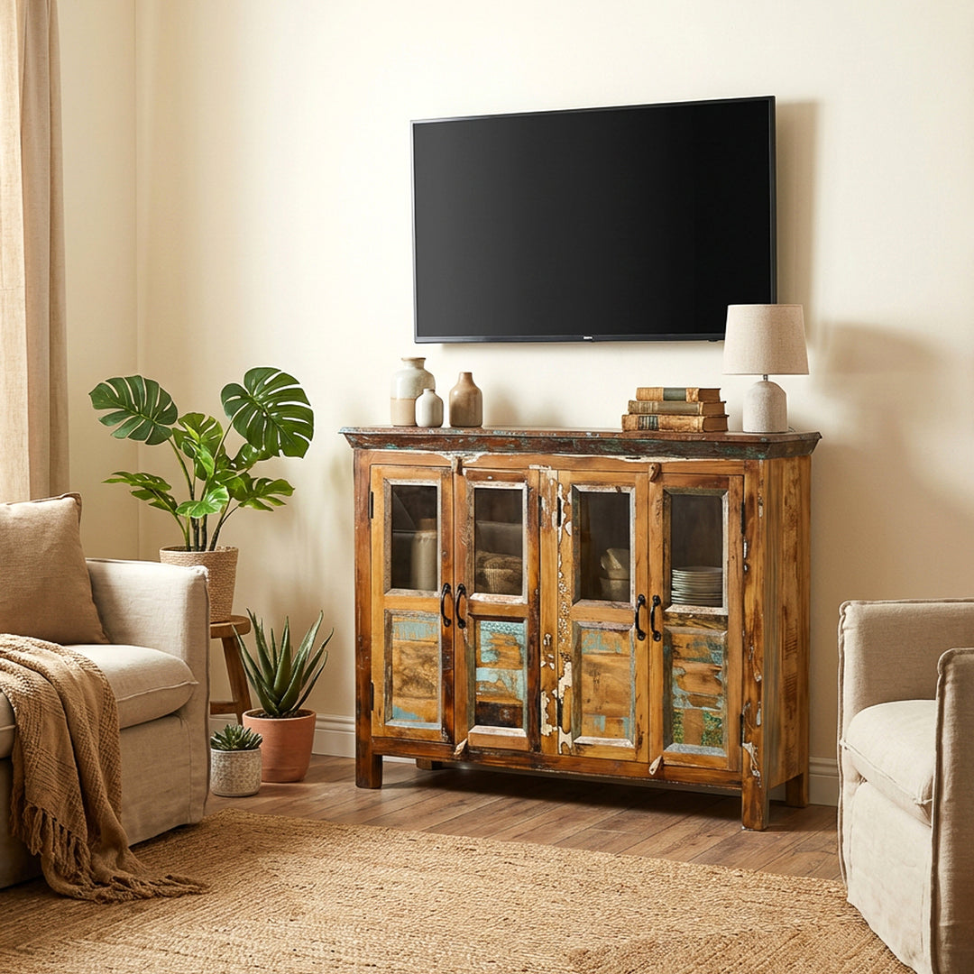 Sideboard made of reclaimed wood with glass doors as TV furniture with storage space in the living room