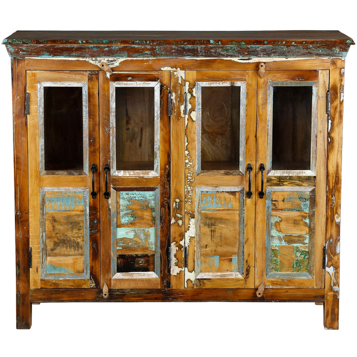 Sideboard made of reclaimed wood with four glass doors, ideal for storage in the living room or dining area