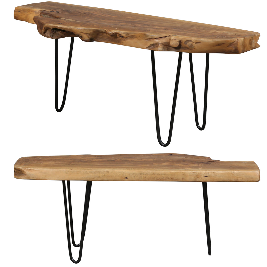 Organically shaped teak sideboard in the hallway and living room, combined with plants and decorations