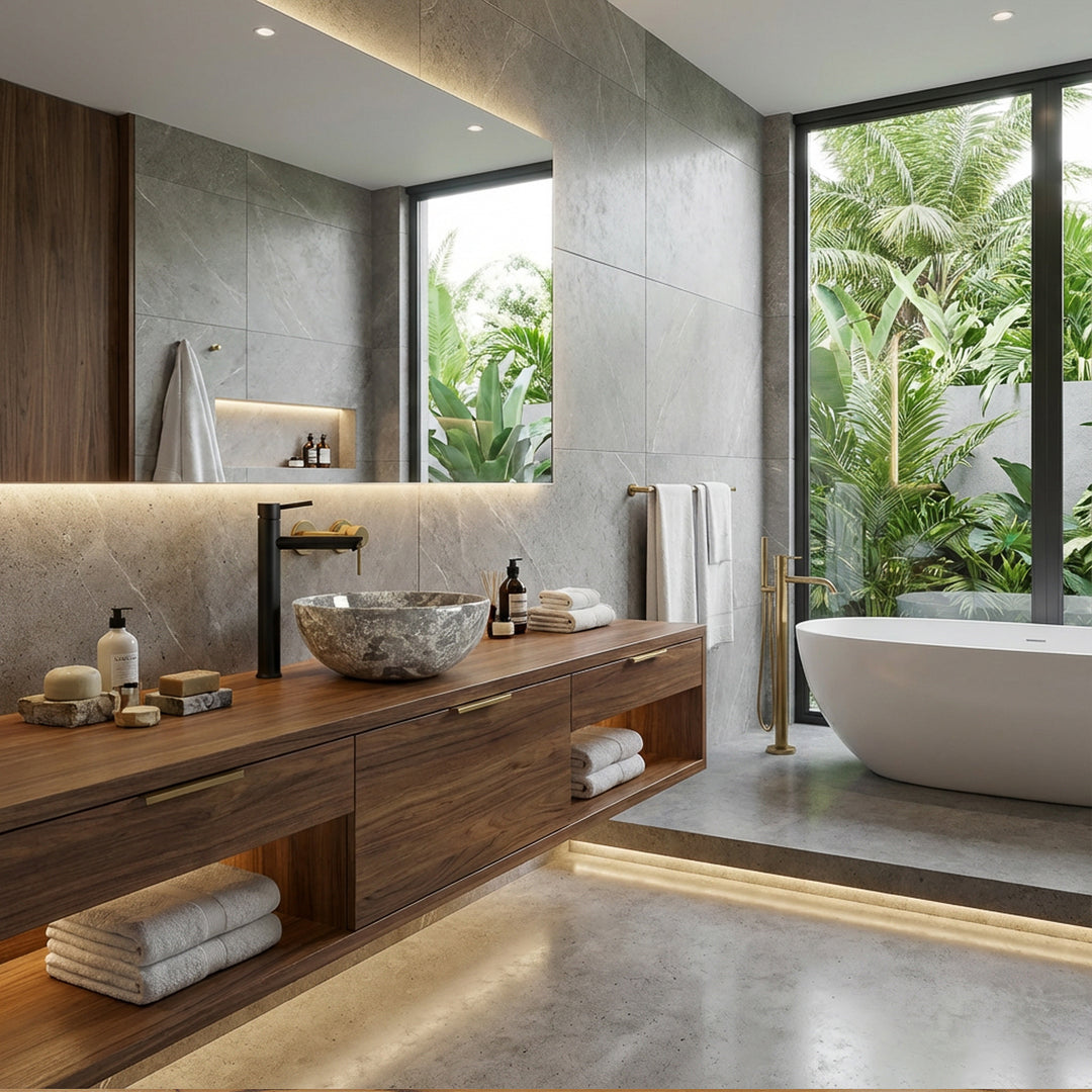Round marble countertop washbasin with gray-brown grain on a wooden washbasin in a bright spa bathroom, combined with a black fitting, a free-standing bathtub and a view of the greenery