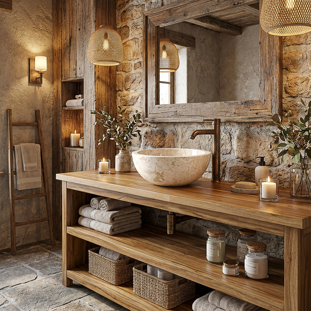Round countertop washbasin made of light stone on a solid wooden console with brass fittings in a warm spa bathroom ambience