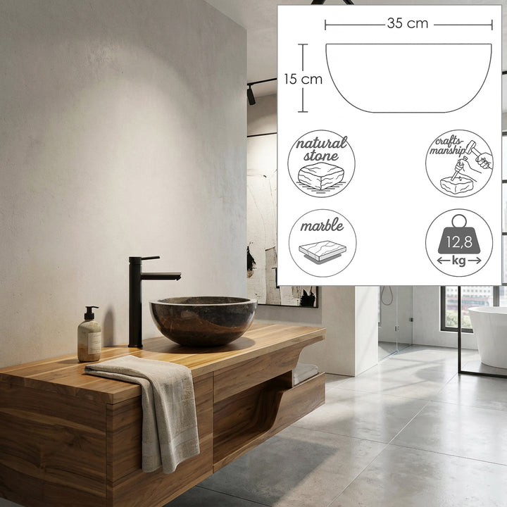 Round countertop basin made of natural stone on a wooden washbasin, complemented by dimensional graphics with diameter and height