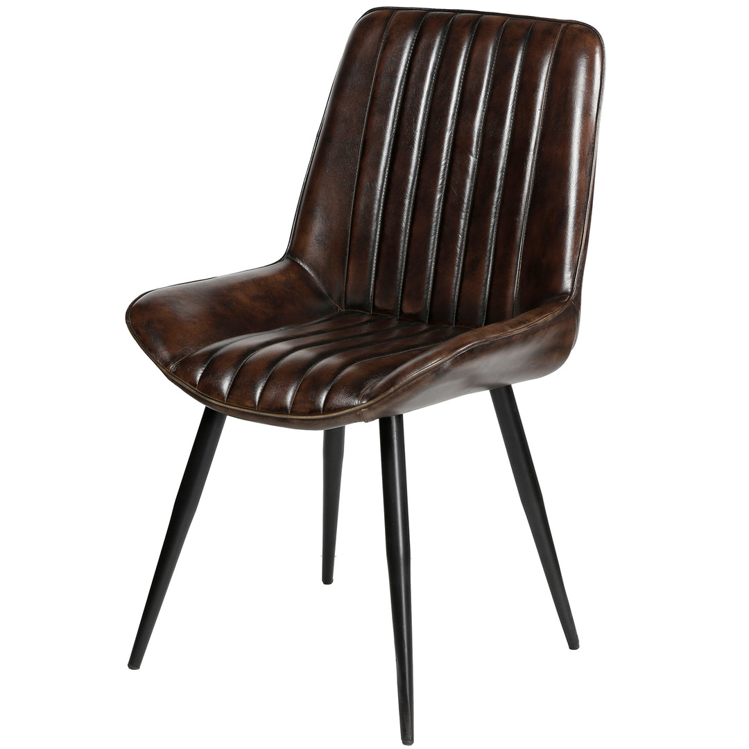 Dining chair made of genuine leather in antique brown with quilted upholstery and black painted metal frame