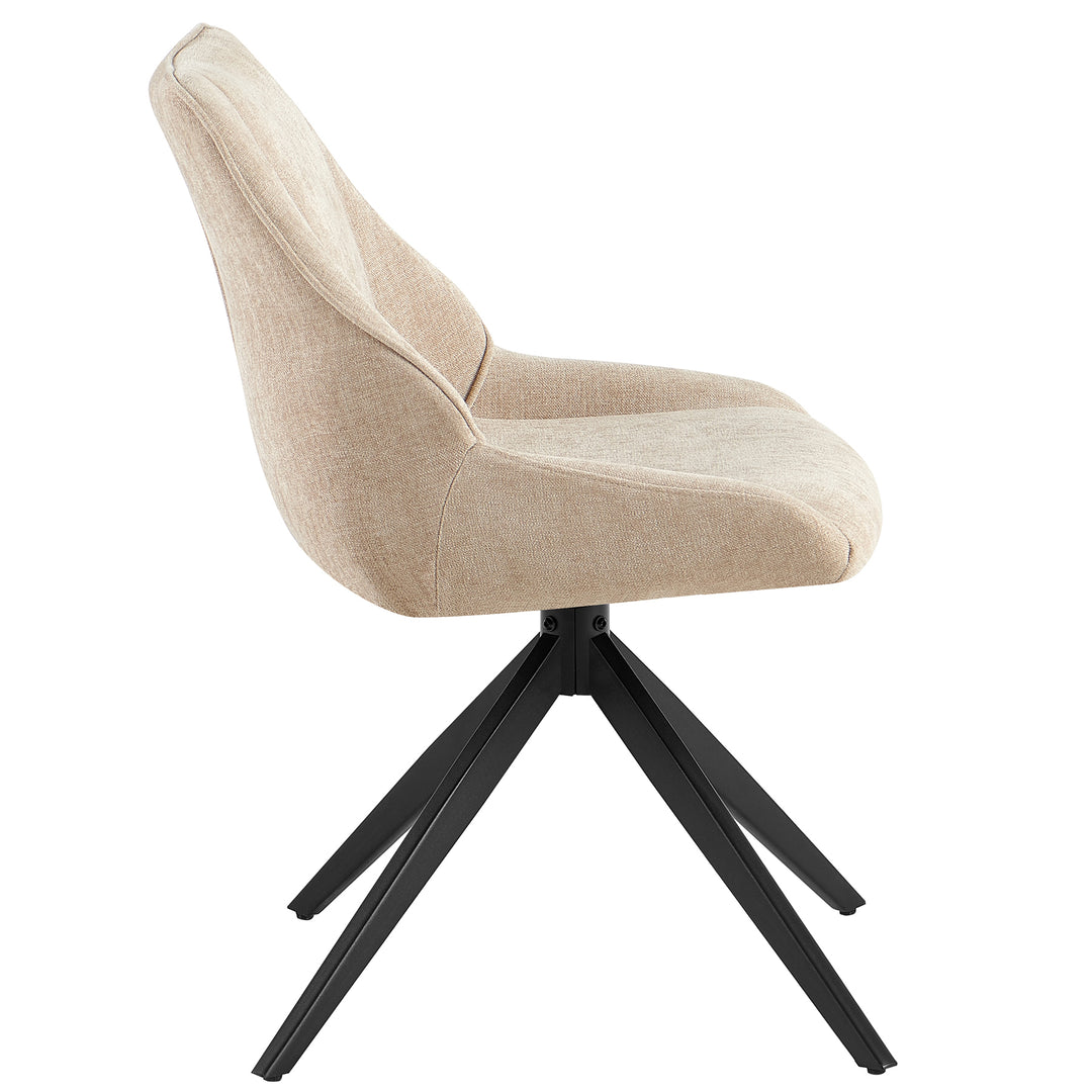 Side view of a 360° rotating dining room chair in light brown with an upholstered seat and backrest on a black metal frame