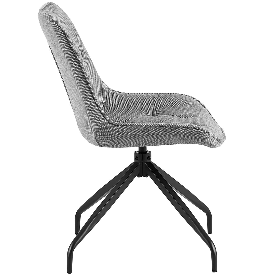 Side view of the gray dining chair with 360° swivel function and black metal frame - ergonomic shape with soft padding