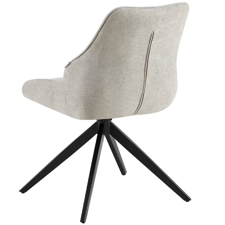 Rear view of the 360° rotating dining chair in light gray with black metal frame - padded backrest with elegant decorative stitching and modern shape
