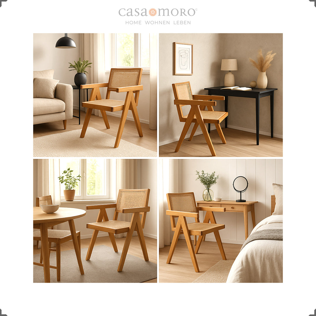 Dining room with teak chairs and Viennese wicker, harmonious ambience with light wood and natural tones