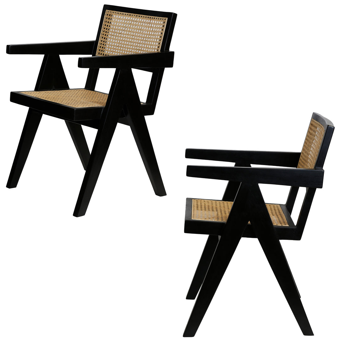 Two perspectives of the black Viennese wicker armchair, handcrafted from solid teak and rattan