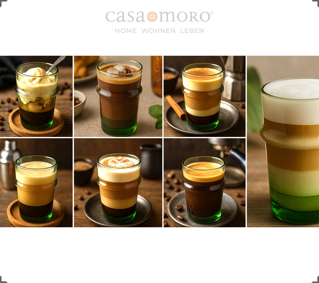 Glasses filled with coffee creations - from macchiato to dalgona, served in green glasses