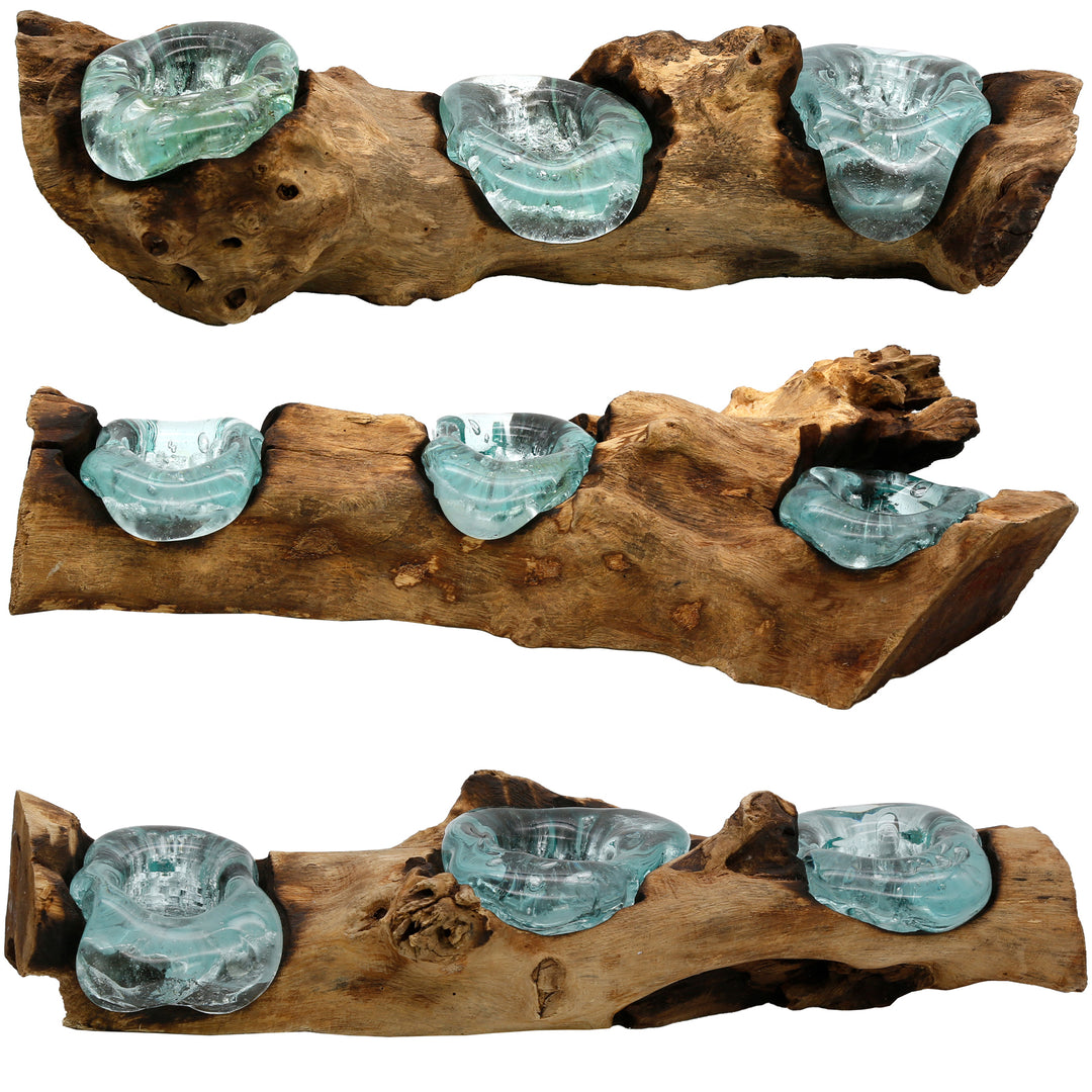 Three-part glass shapes on naturally grown root wood, arranged as a tea light holder and shown from different perspectives