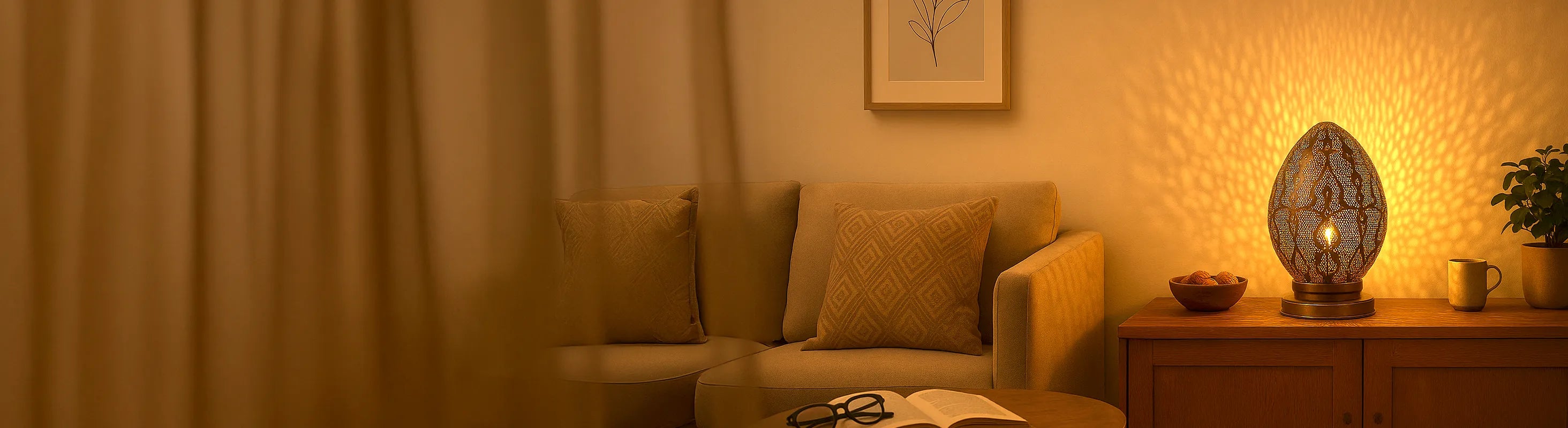table lamps – Living room with handmade metal table lamp - atmospheric lighting on sideboard next to sofa