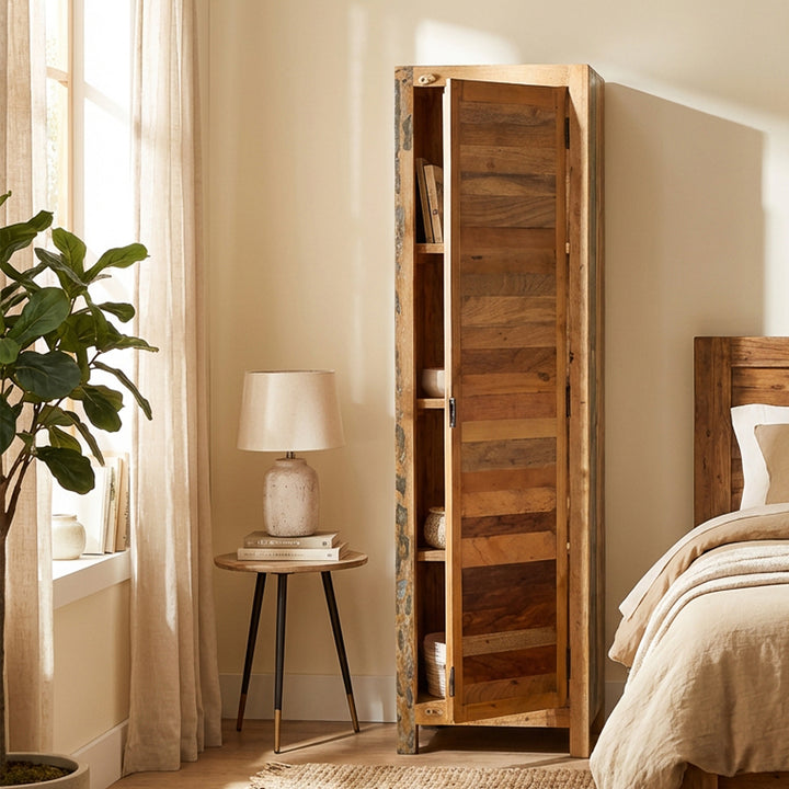 Narrow cabinet made of solid wood and reclaimed wood in vintage style, placed in the modern bedroom