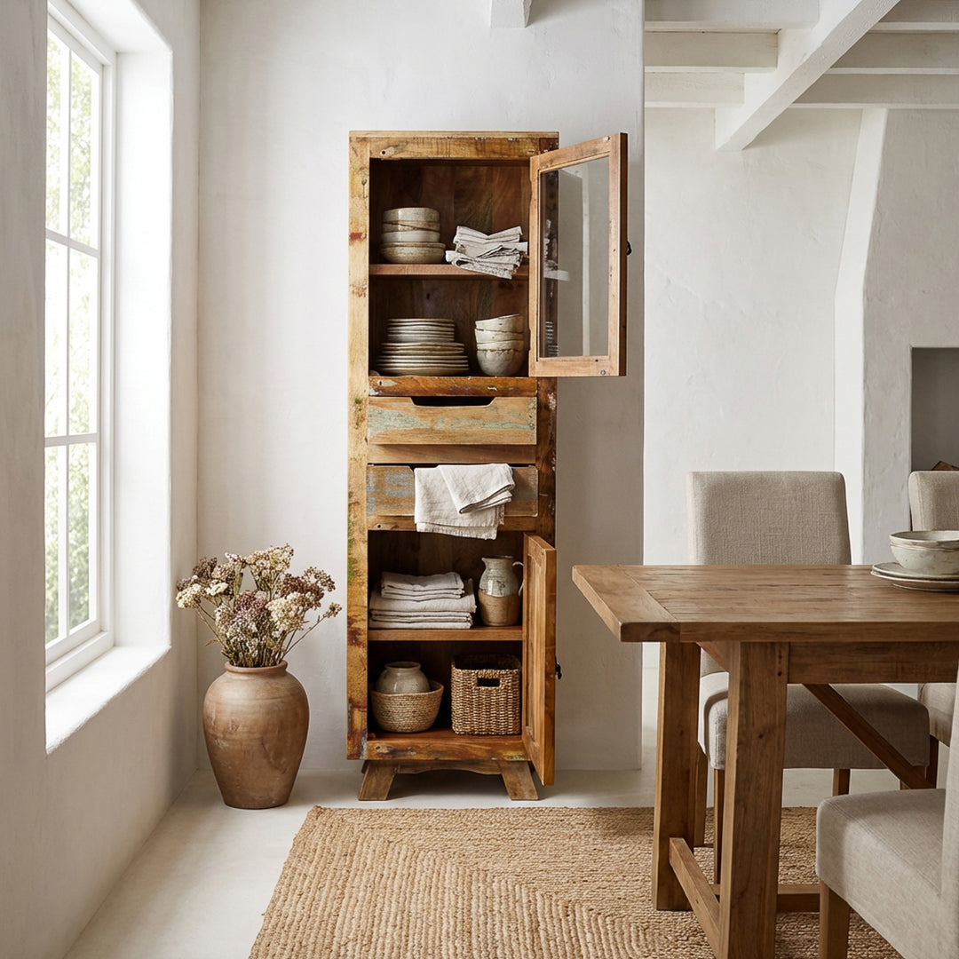 Display cabinet made of solid wood and old wood with drawer and doors in country house style, placed in the dining room