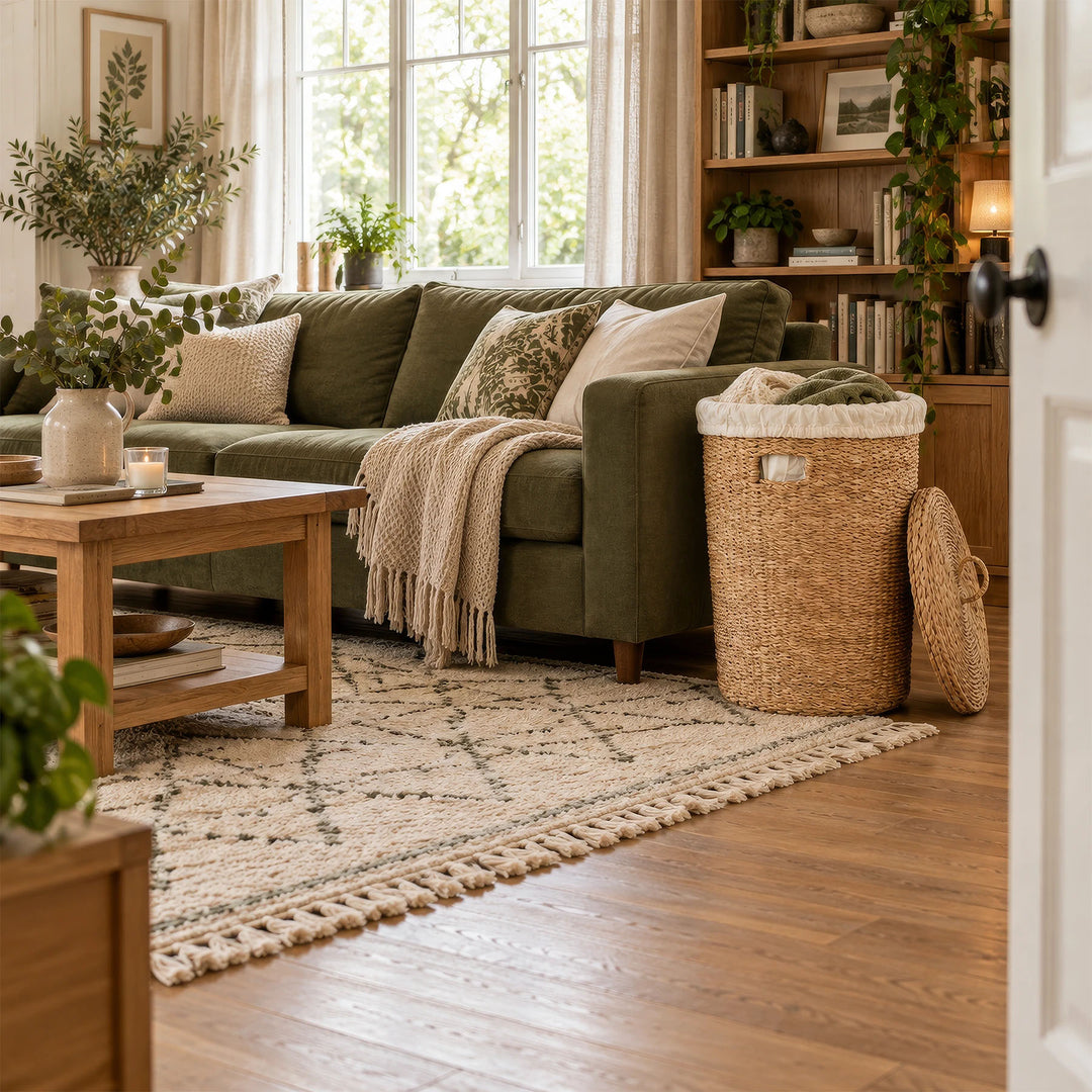 A woven laundry basket with a 75-liter capacity and a lid resting on top, filled with blankets next to a green sofa.