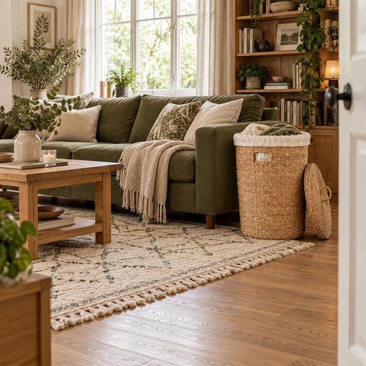 A woven laundry basket with a 75-liter capacity and a lid resting on top, filled with blankets next to a green sofa.