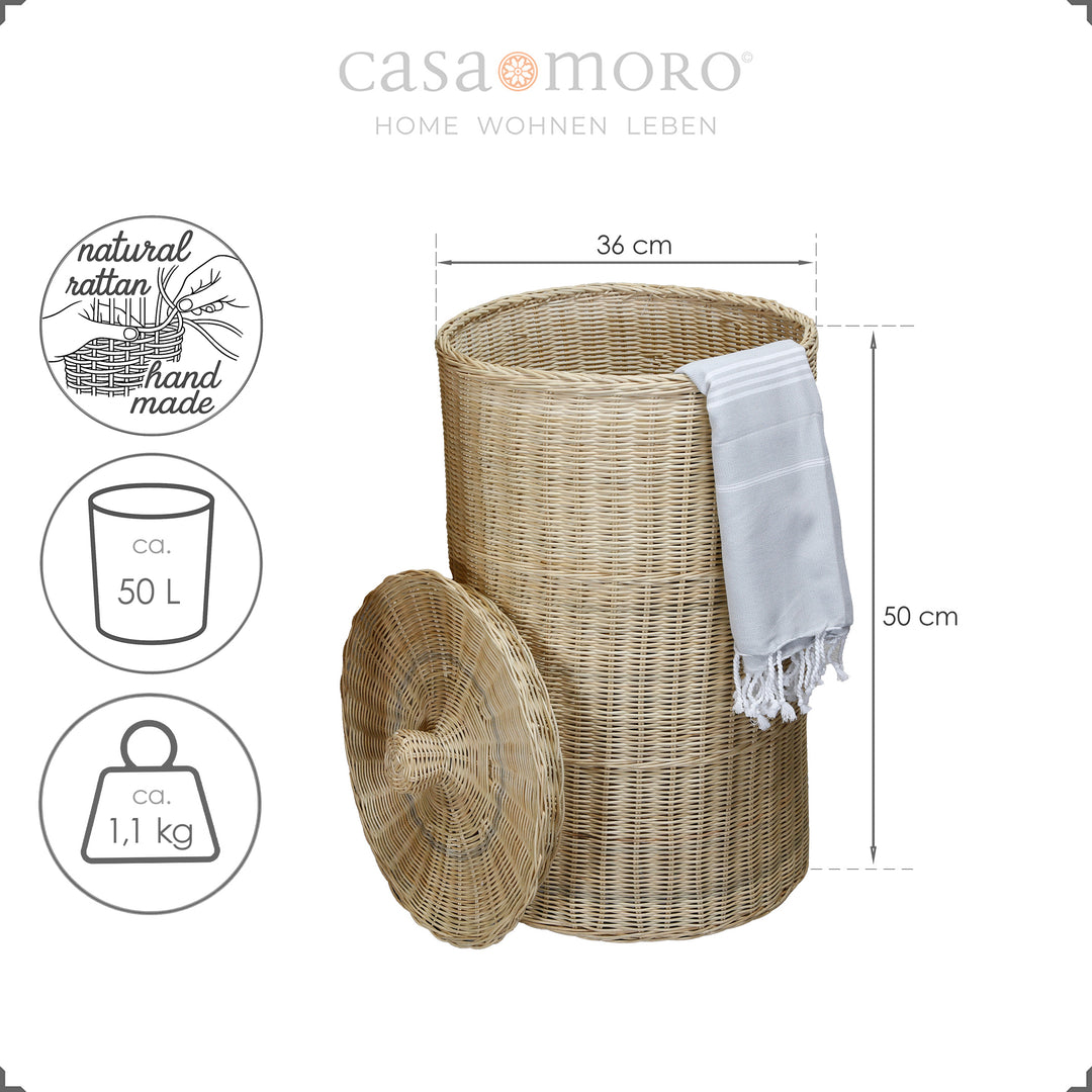 Natural-colored, woven laundry basket with lid and light hammam towel as a stylish accessory