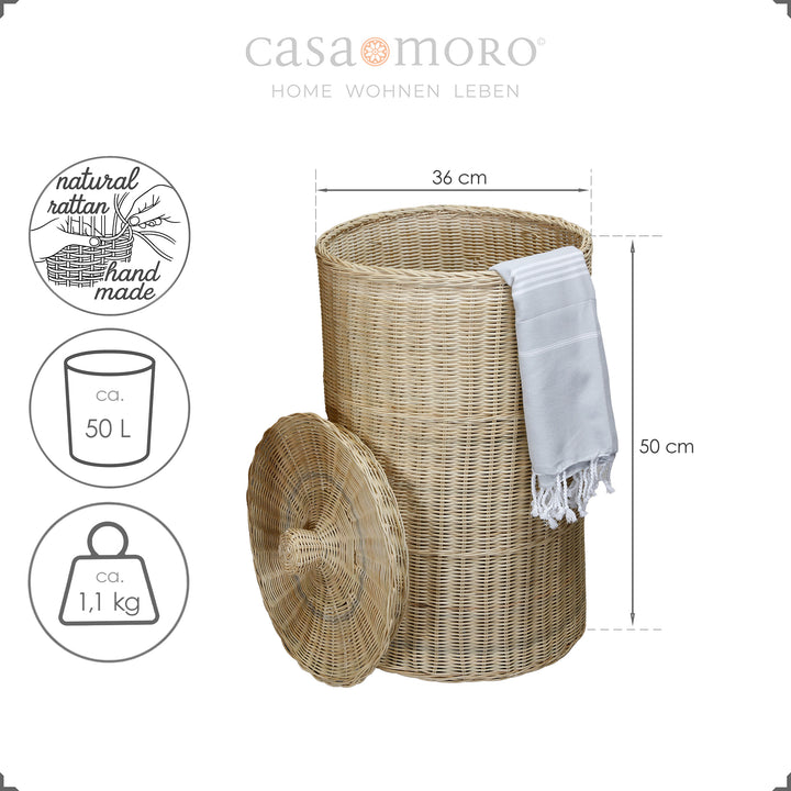 Natural-colored, woven laundry basket with lid and light hammam towel as a stylish accessory