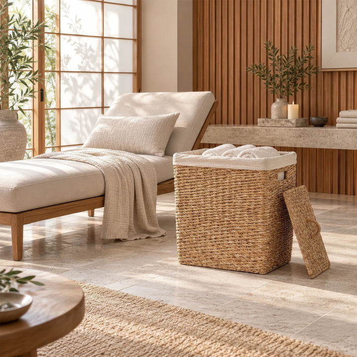 A seagrass laundry basket with a 90-liter capacity and a hinged lid, filled with towels next to a lounge chair.