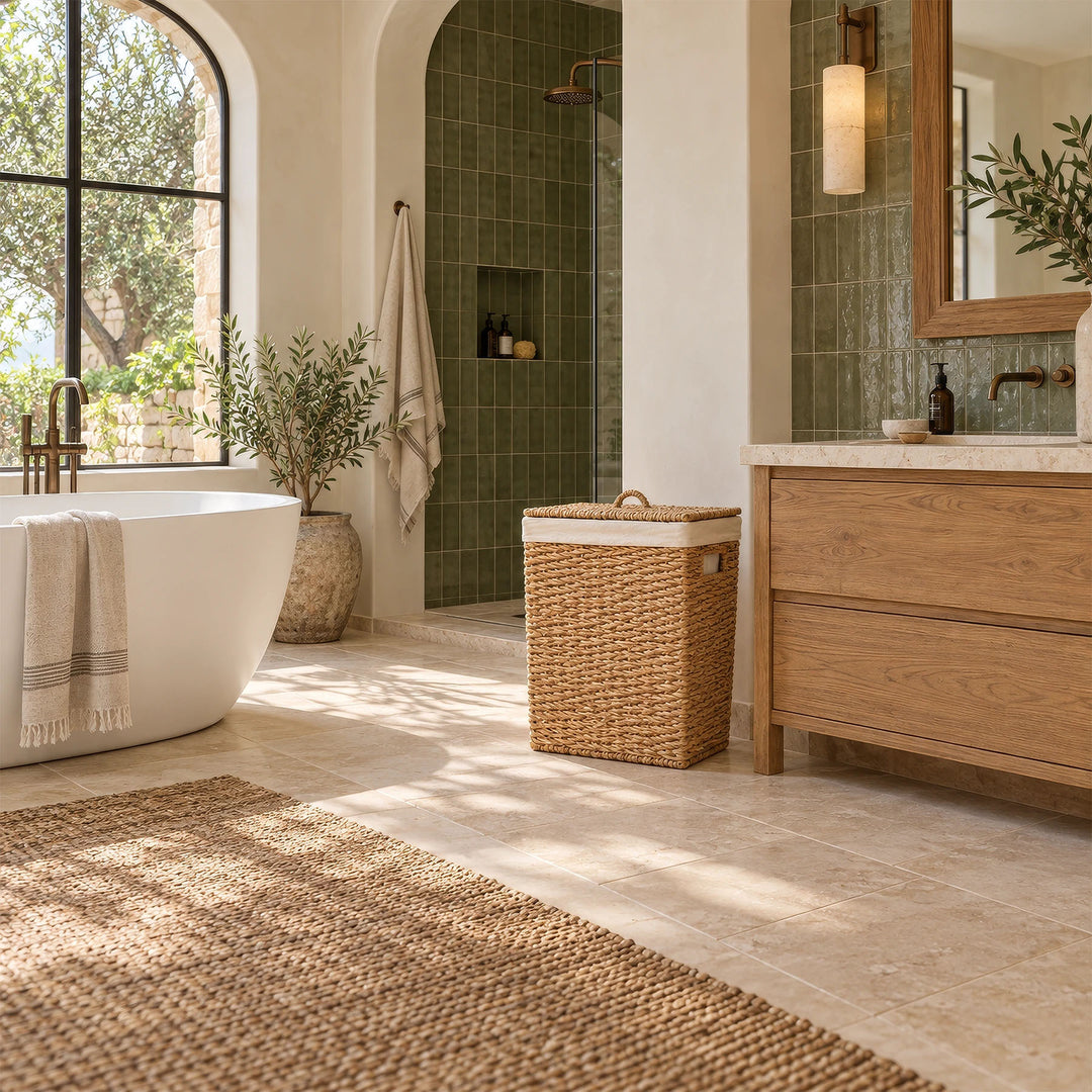 A rectangular seagrass laundry basket with a lid and a 90-liter capacity, located between the shower and the wooden sink in the bathroom.