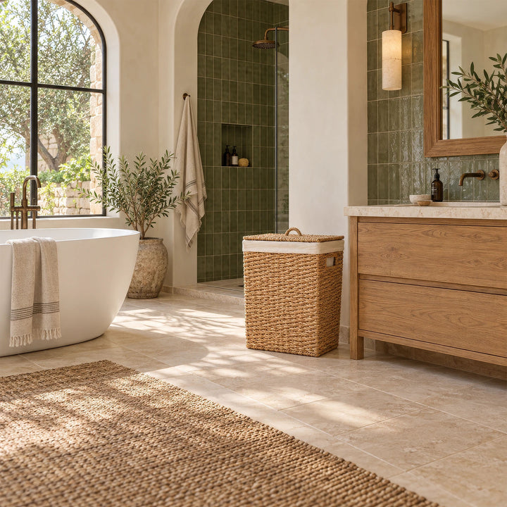 A rectangular seagrass laundry basket with a lid and a 90-liter capacity, located between the shower and the wooden sink in the bathroom.