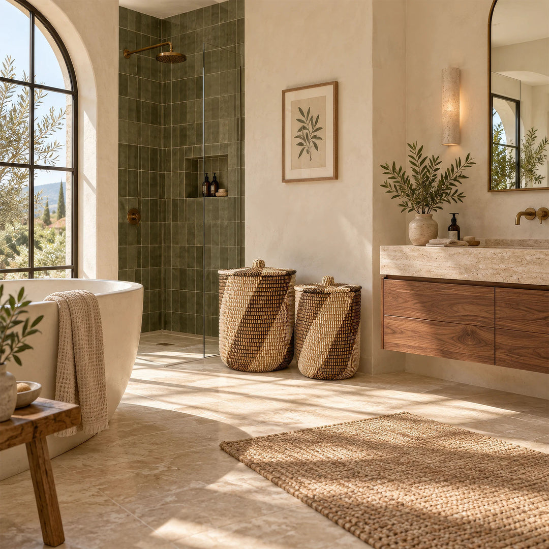 Two seagrass laundry baskets with lids, approx. 40 and 65 litres, between shower and vanity unit in the bathroom.