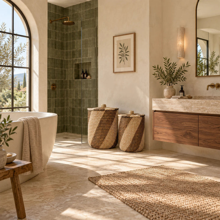 Two seagrass laundry baskets with lids, approx. 40 and 65 litres, between shower and vanity unit in the bathroom.
