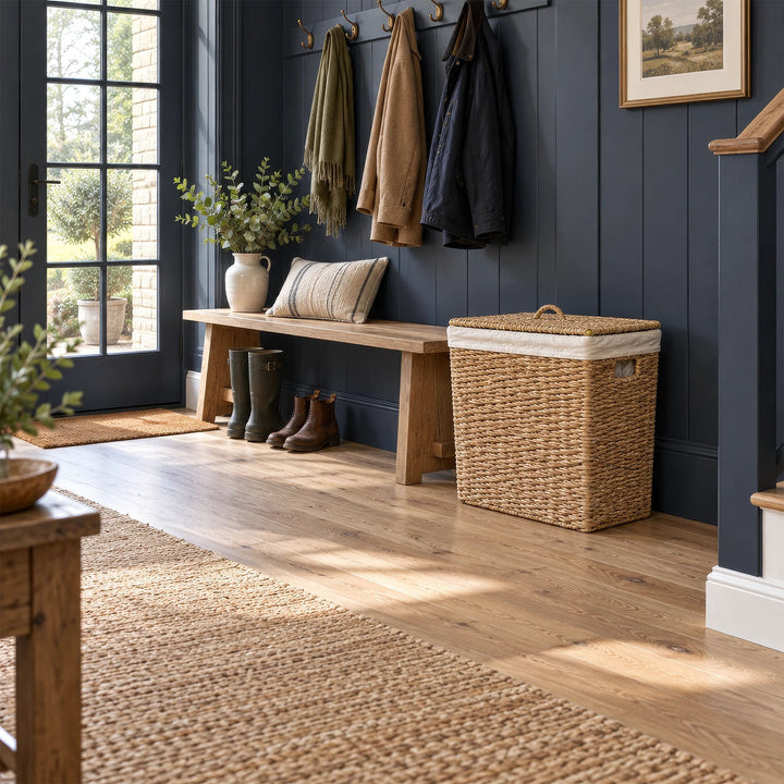 A rectangular seagrass laundry basket with a lid and a 90-liter capacity next to a wooden bench in the hallway with a dark blue wall.