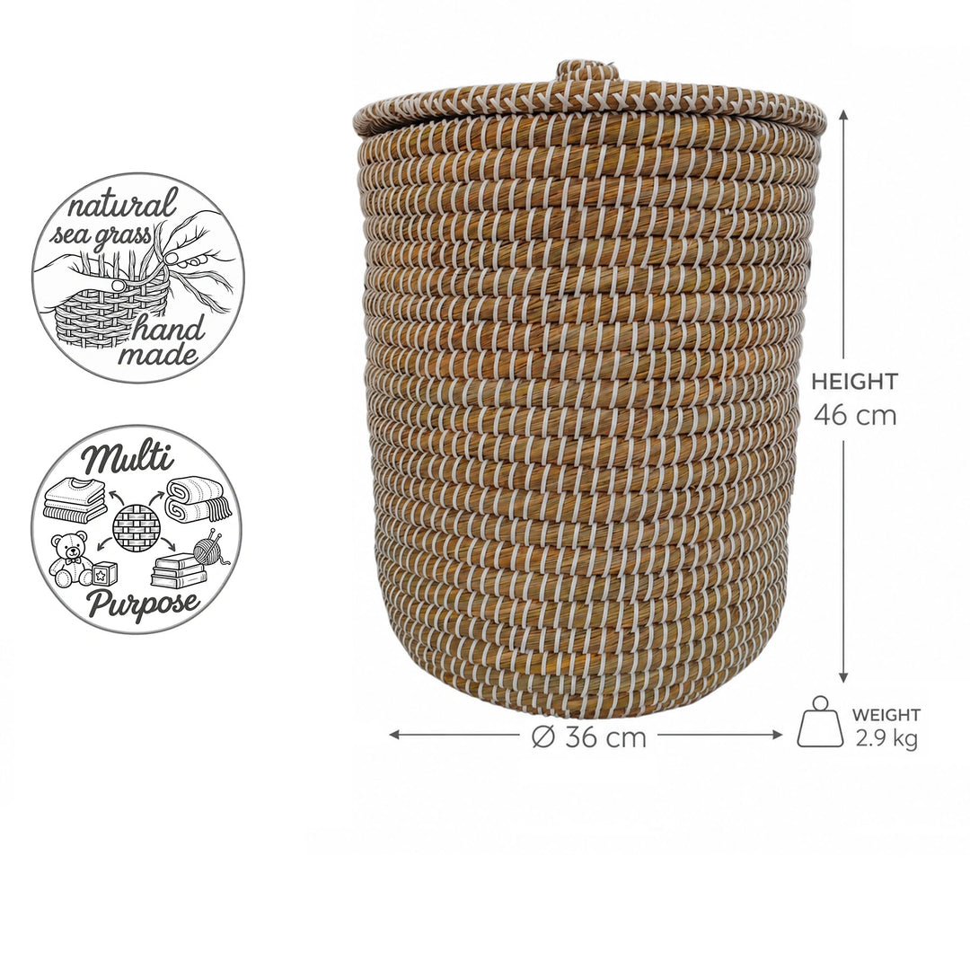 Diagram of natural/white seagrass laundry basket with lid: Ø 36 cm, height 46 cm, weight 2.9 kg.