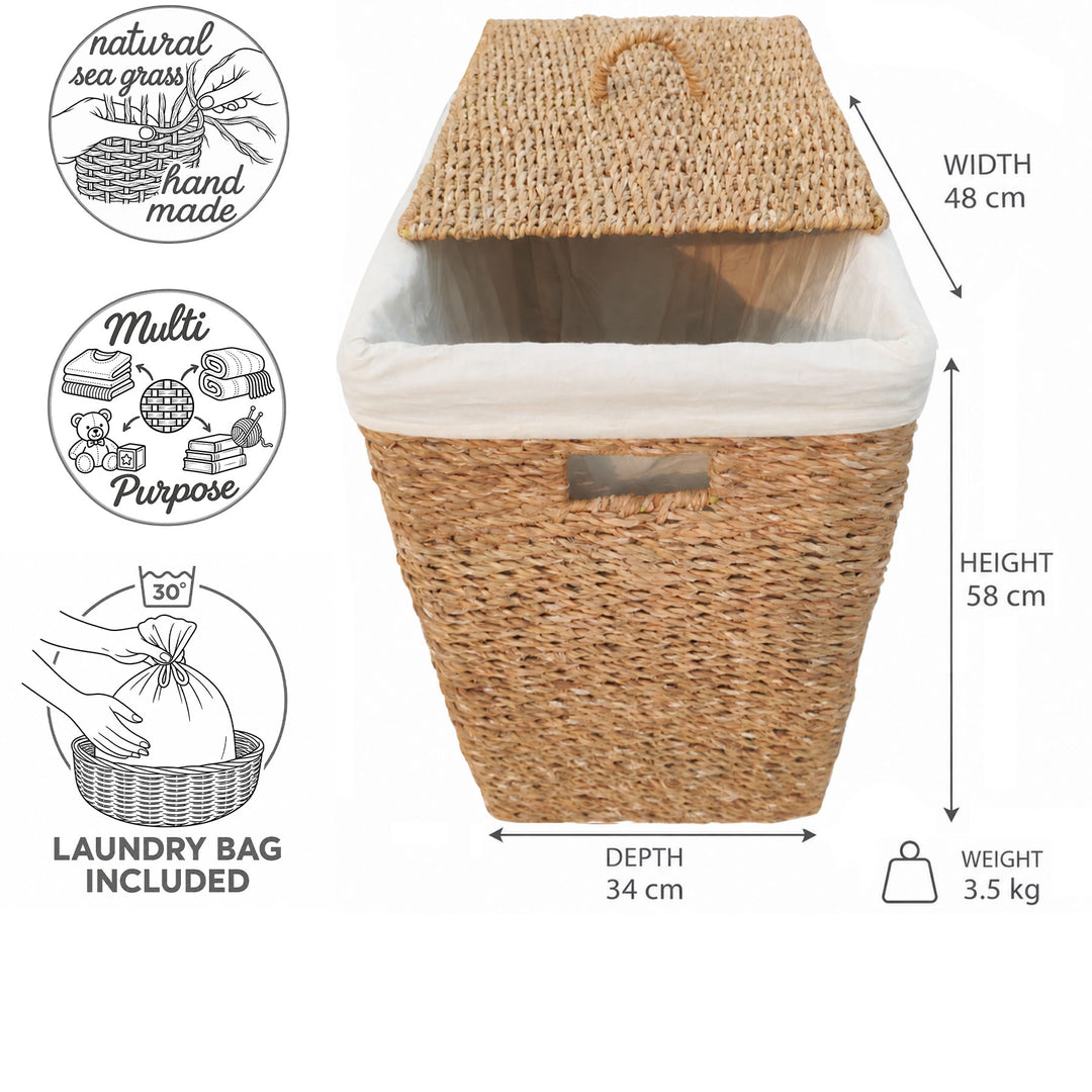 Seagrass laundry basket with a 90-liter capacity: 48 cm wide, 34 cm deep, 58 cm high, 3.5 kg; includes a lid and laundry bag.