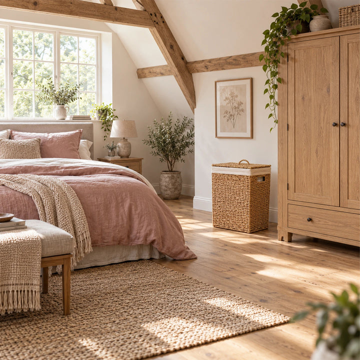 A rectangular seagrass laundry basket with a lid and a 50-liter capacity next to a wooden cabinet in a bright bedroom.