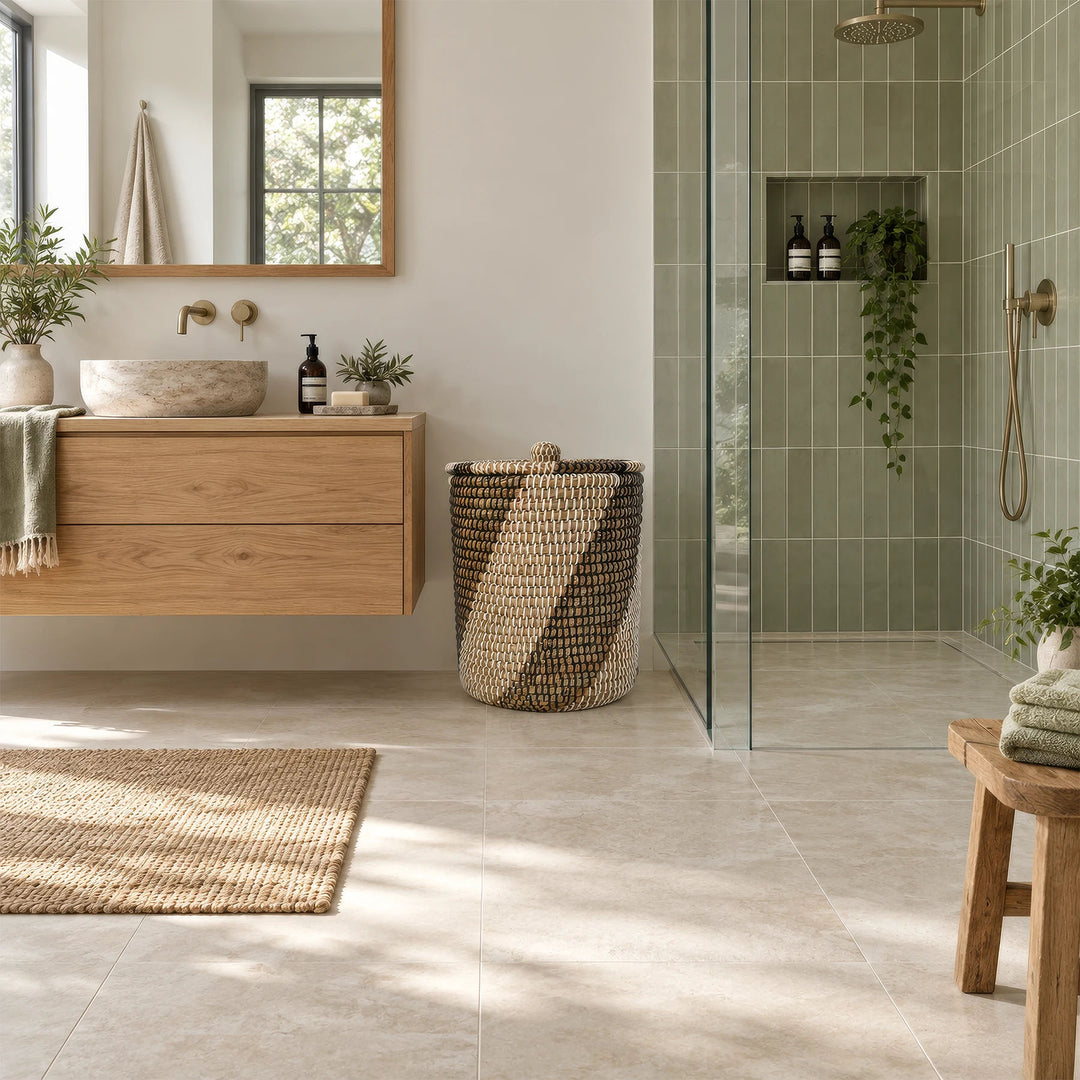 A seagrass laundry basket with a capacity of about 40 liters and a closed lid, located between the sink and the shower.
