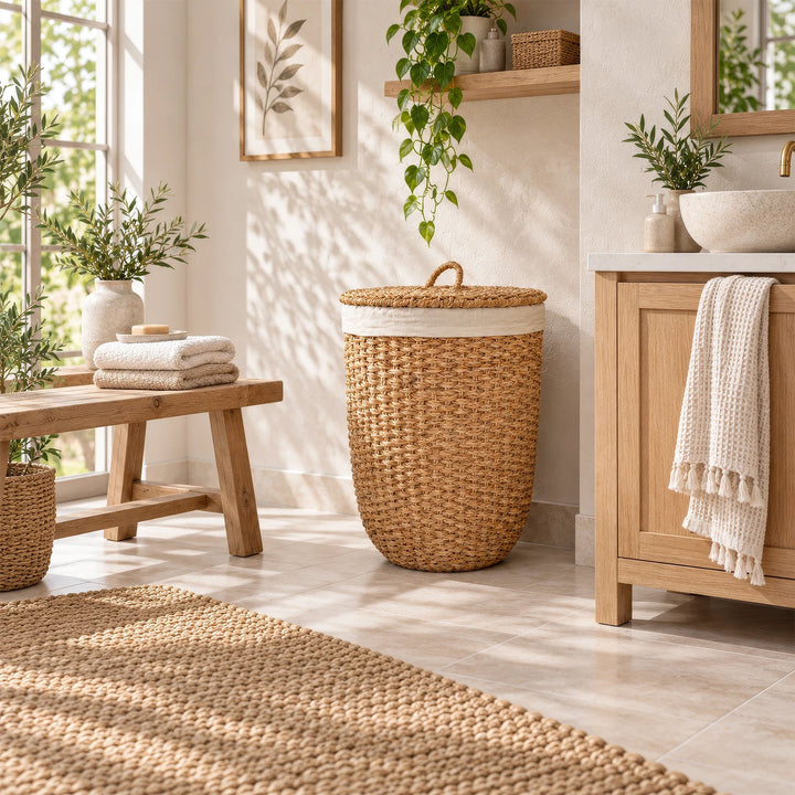 A laundry basket with a lid made of natural-colored seagrass and a light-colored fabric insert next to a wooden vanity in the bathroom.