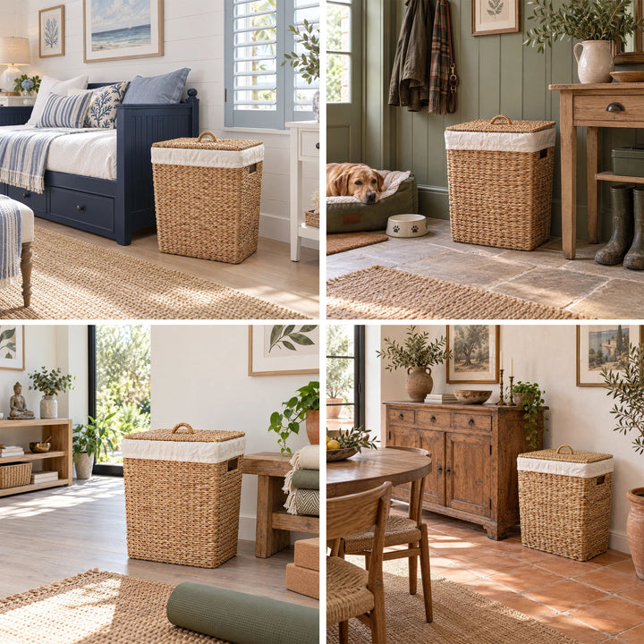 Collage: Seagrass laundry basket with a lid and a 50-liter capacity in the bedroom, hallway, yoga room, and dining room.