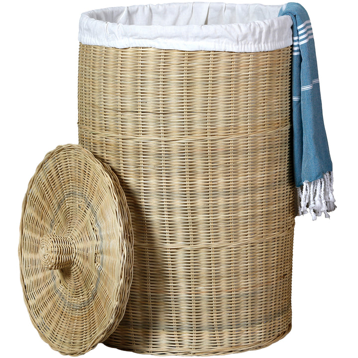 Round laundry basket with washable cotton bag, easily removable, explained in several languages