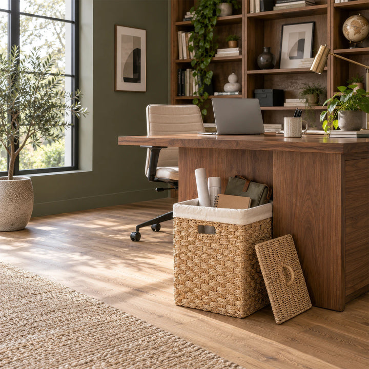 Square seagrass basket, approx. 55 liters, with paper rolls and a notebook next to the desk; the lid is propped open.