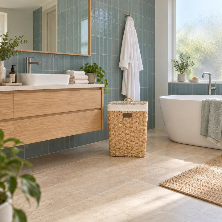 A square seagrass laundry basket with a lid and a capacity of about 55 liters, placed next to the sink in the bathroom.