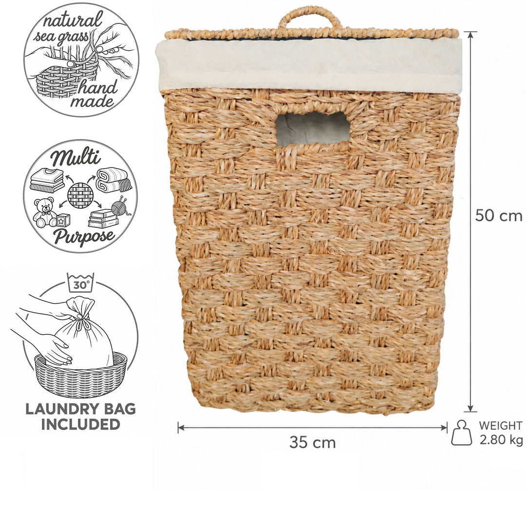 Dimensions of the square seagrass laundry basket with lid: 35 × 35 cm, height 50 cm, approx. 55 liters, weight 2.8 kg.